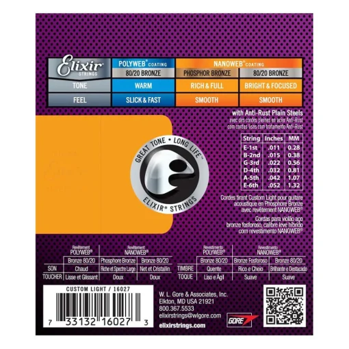 Elixir 16027 Nanoweb Phosphor Bronze Custom Light 11-52