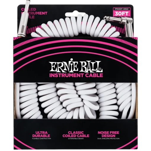 Ernie Ball Coiled Straight Angle Instrument Cable, 9 Meters Length, White