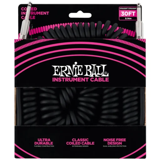 Ernie Ball Coiled Straight Instrument Cable, 9 Meters Length, Black