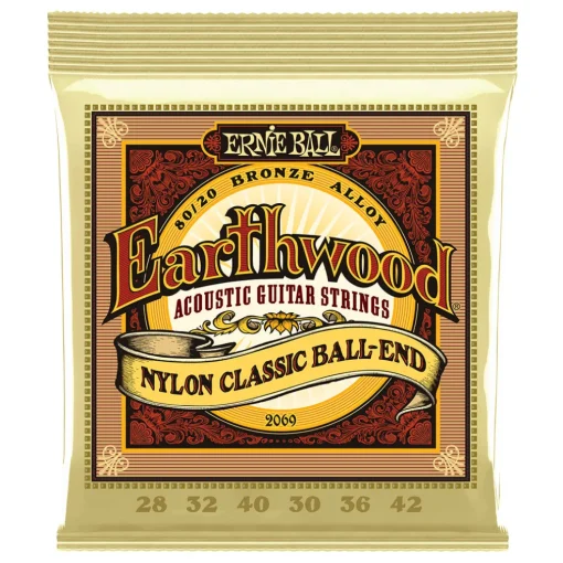 Ernie Ball Earthwood 80/20 Bronze Folk Nylon Classic Ball End Acoustic Guitar Strings, 28-42 Gauge