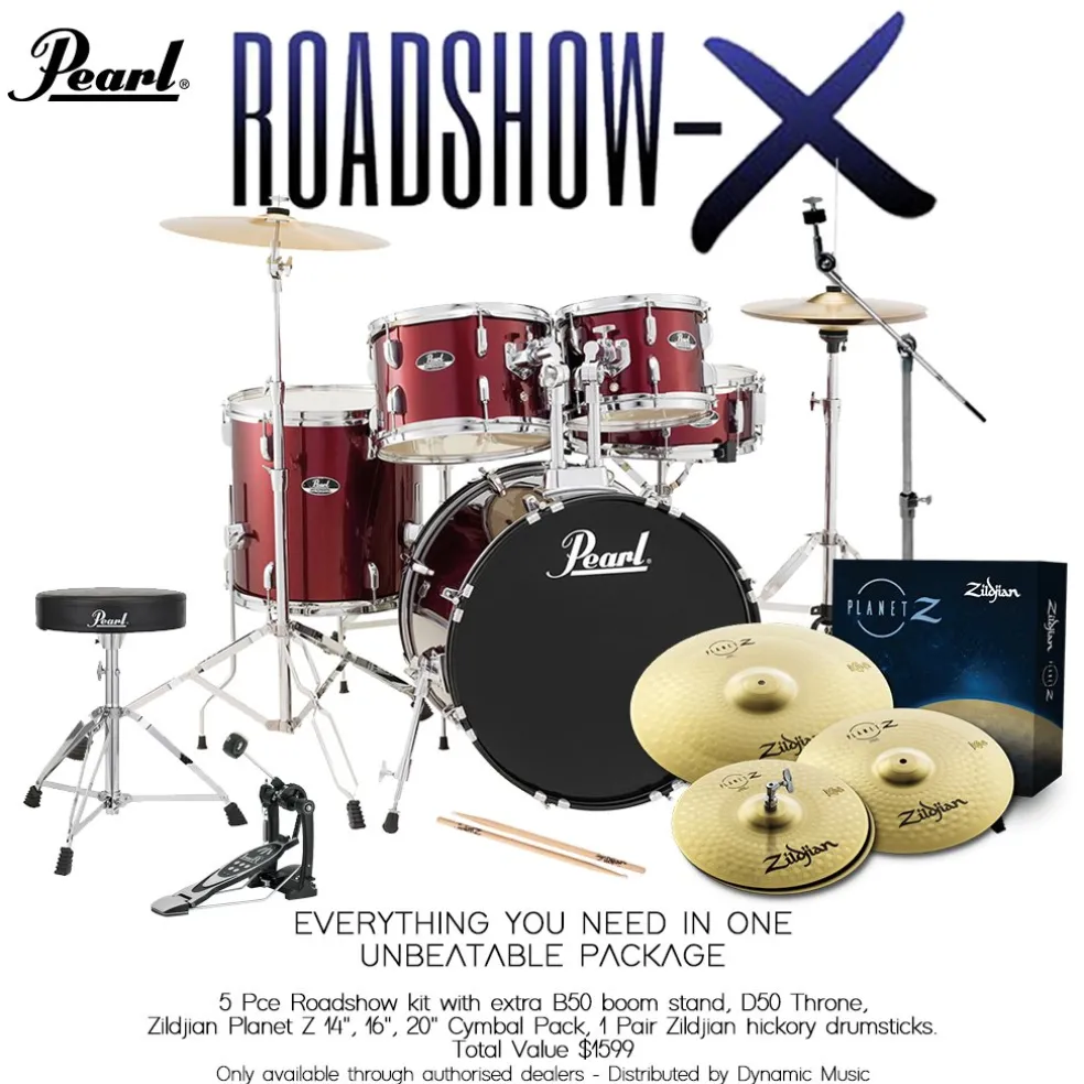 Pearl Roadshow X 22" 5-Piece Drum Kit Package with Zildjian Cymbals & Hardware - Wine Red